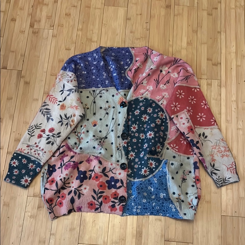 Floral Pink and Blue Wool Blend Cardigan Sweater